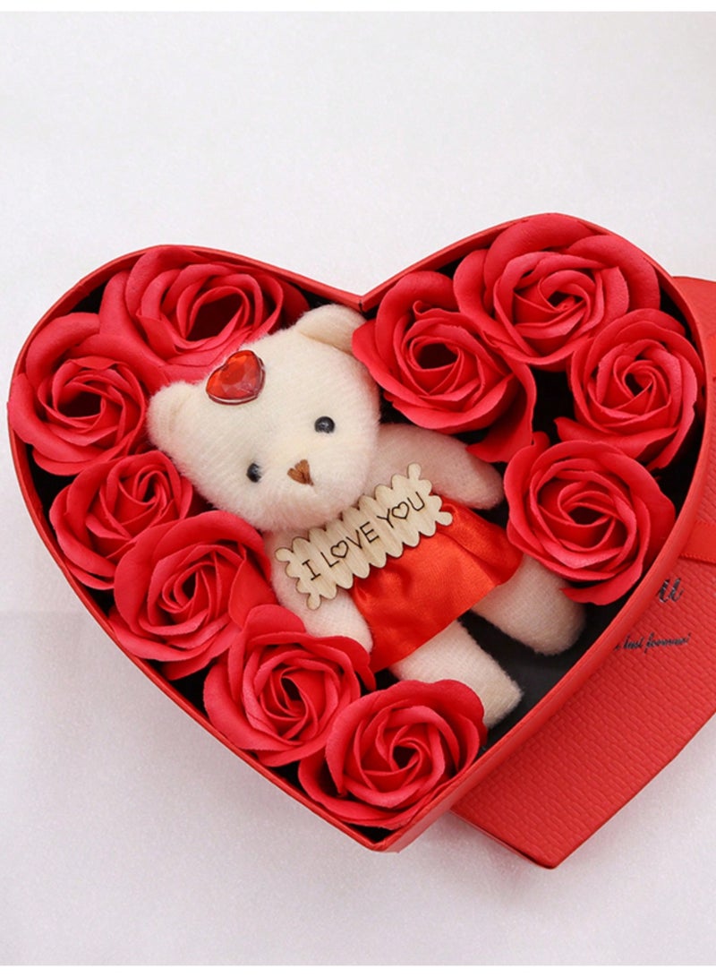 Valentine's Day decoration: A red heart-shaped gift box with a teddy bear and red roses – a lovely Valentine's Day gift. - Image 1